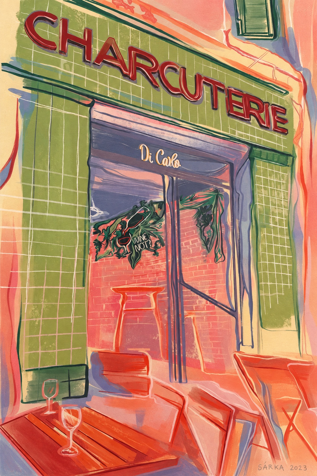 Illustration de la façade historique de la charcuterie DiCarlo, aux carreaux verts